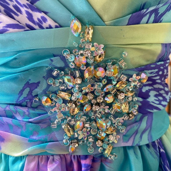 Mori Lee Sticks & Stones Teal/Purple Leopard Bubble Hem Mini Dress, size 3/4 - Picture 6 of 16